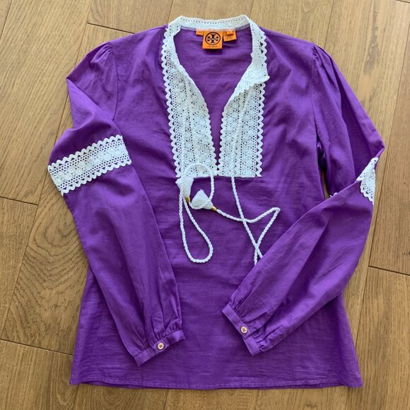 Tory Burch Cotton Purple Boho Marissa Poplin Peasant Tunic Embroidered Size 8 - Picture 9 of 9